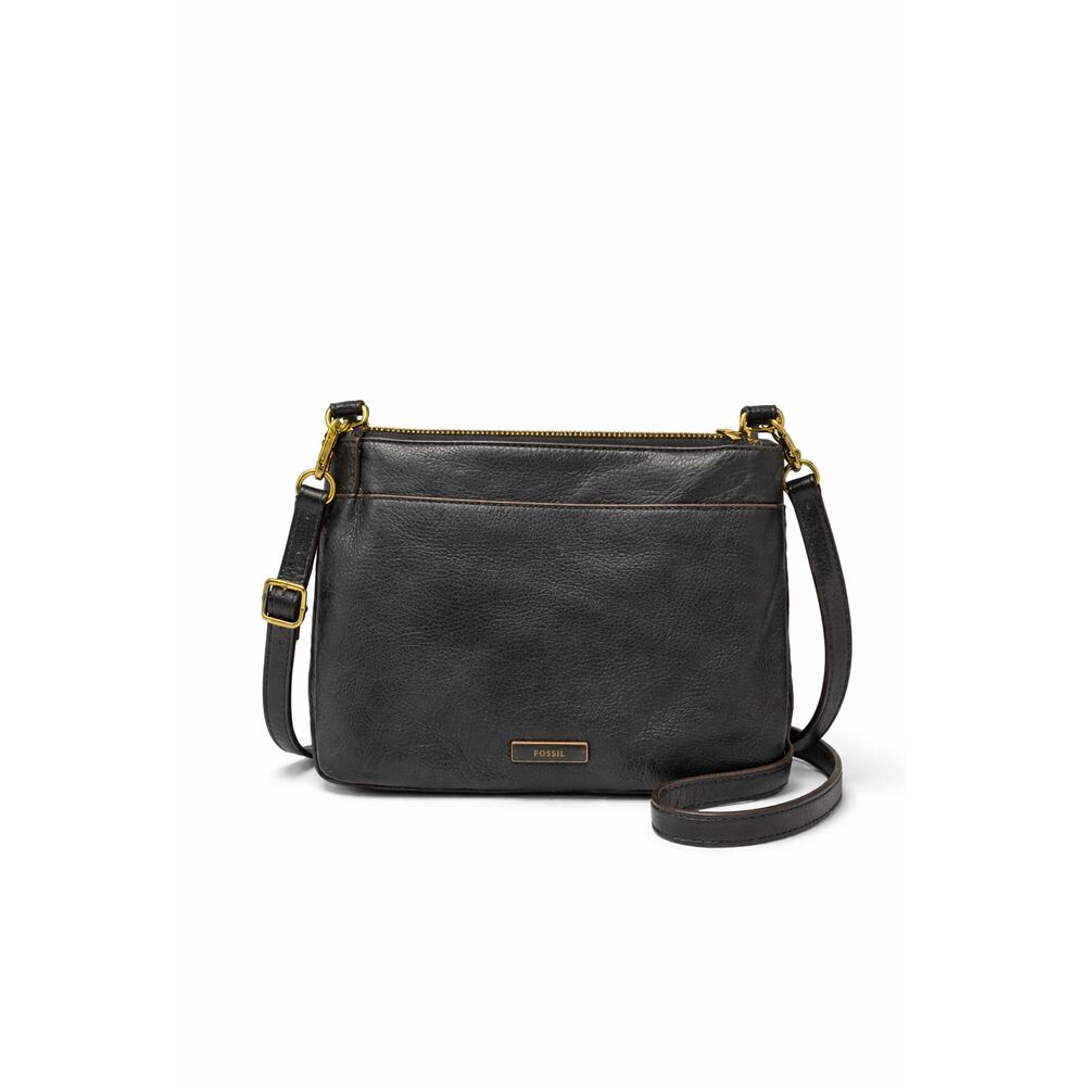 Fossil Black Leather Crossbody Bag Adjustable Strap Medium Purse